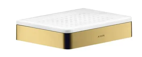 Seifenschale in rechteckiger Form mit weiße Oberseite und goldfarbenem Rand. Markiert mit „AXOR“ auf der Seite. Geeignet für Bad- oder Küchenanwendungen.